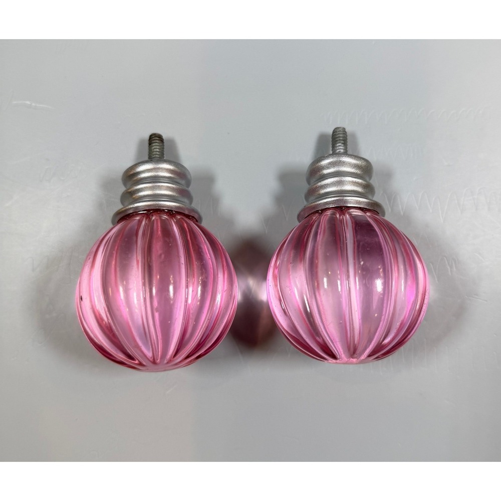 Pair Pink Ribbed Glass Drawer Pulls Knobs Silver Tone Cabinet Dresser Hardware